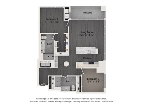 Floor plan for 2 beds, 2 baths, 1122 sqft